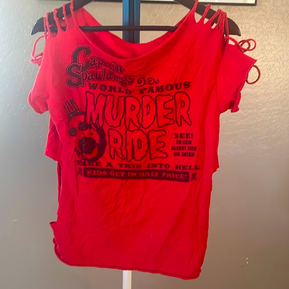 Custom novelty movie t-shirt, red, M, women’s